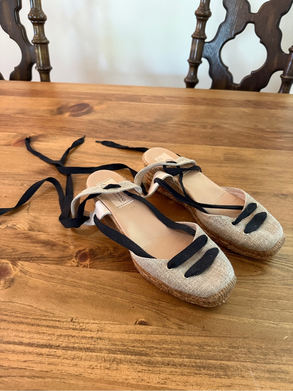 GAIMO Linen Espadrille Tie Flats in Natural with Black Accents